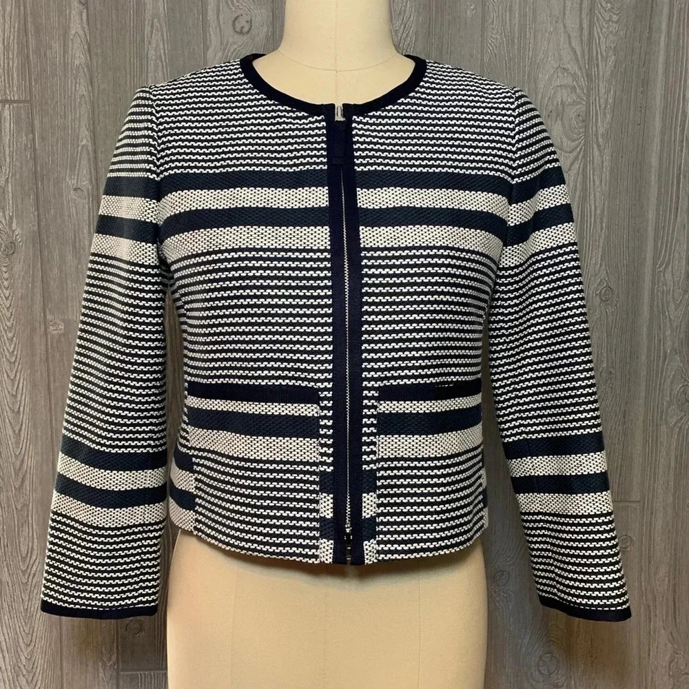 J. Crew Striped Navy Cotton Cropped Jacket 2 NWT